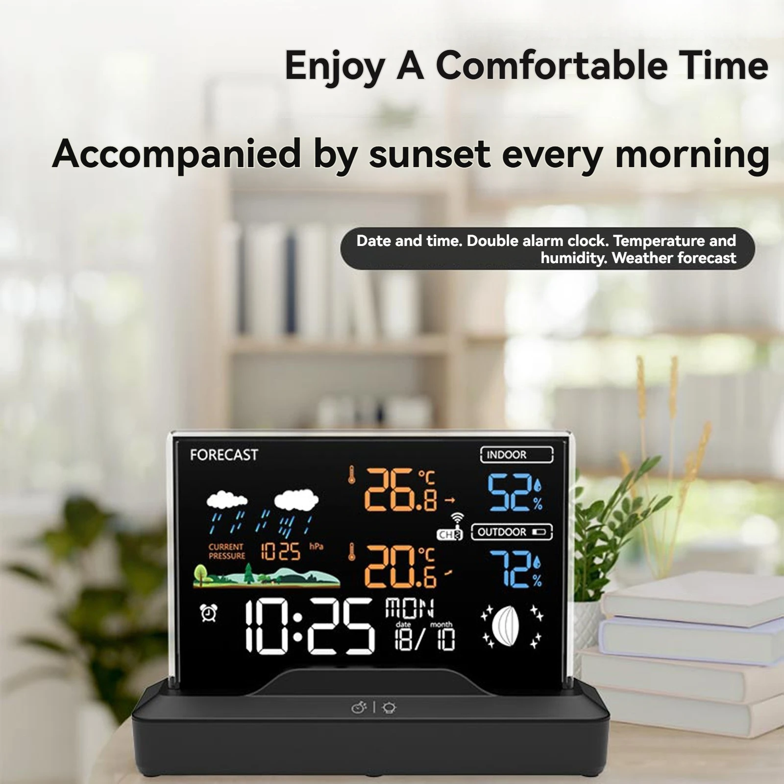Wireless Weather Station Home RF Alarm Clock VA Color Screen In/Outdoor Thermometer Hygrometer with Weather Forecast 2025 New