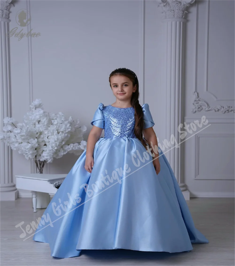 Light Blue Satin Short-Sleeve Children's Evening Dress Sparkly Bridesmaid Beauty Pageant Wedding Piano Performance Girls' Dress