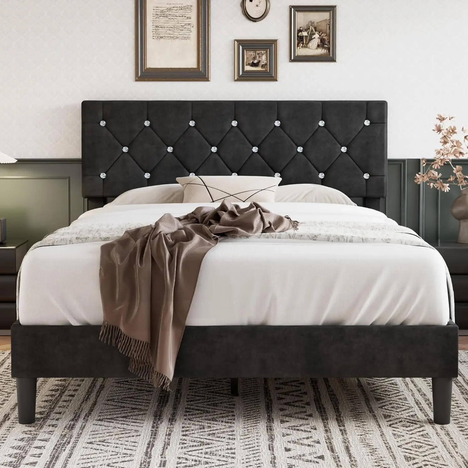 

Large Bed Frame, Cushioned Platform with Adjustable Diamond Cluster Headboard, Wooden Support, Frameless Spring