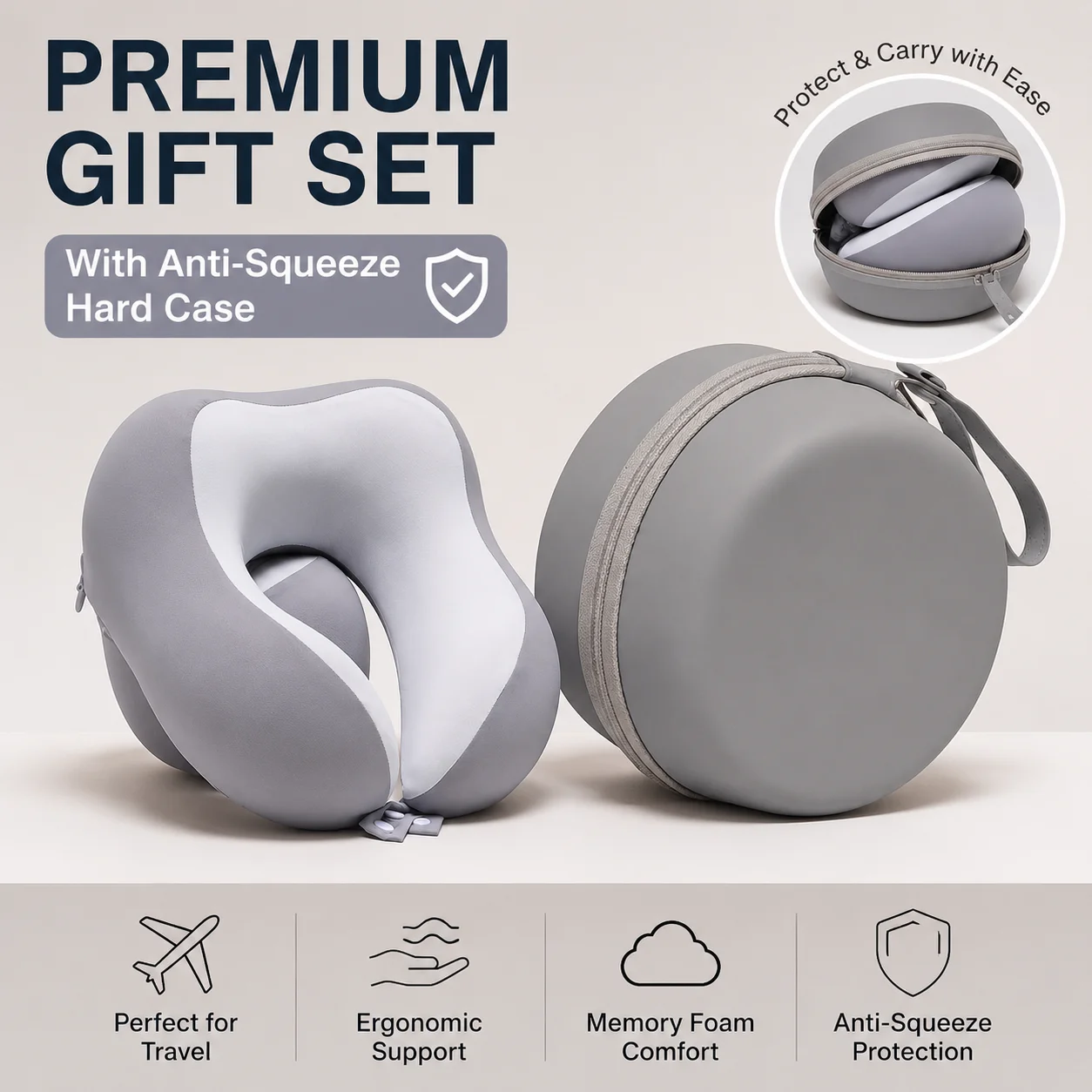 Memory Foam Travel Neck Pillow U-Shaped Ergonomic Airplane Flight Sleeping Cushion with Hard Storage Case Portable