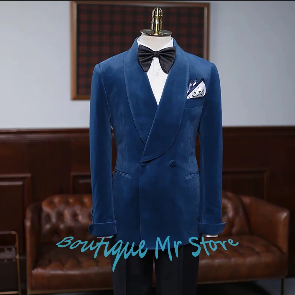 

Роскошные королевские синие бархатные мужские костюмы, двубортный комплект с шалью и лацканами, формальный комплект из 2 предметов (куртка + брюки), элегантный вечерний свадебный наряд