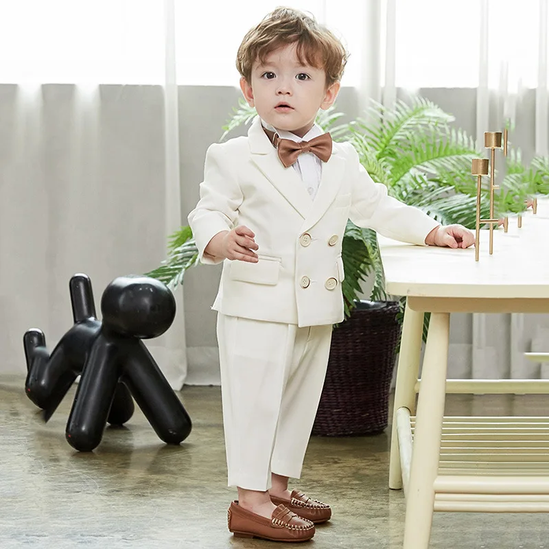 

Gentleman Kids White Baptism Photography Suit Children Jacket Pants Bowite 3PCS Performance Costume Baby Birthday Wedding Dress