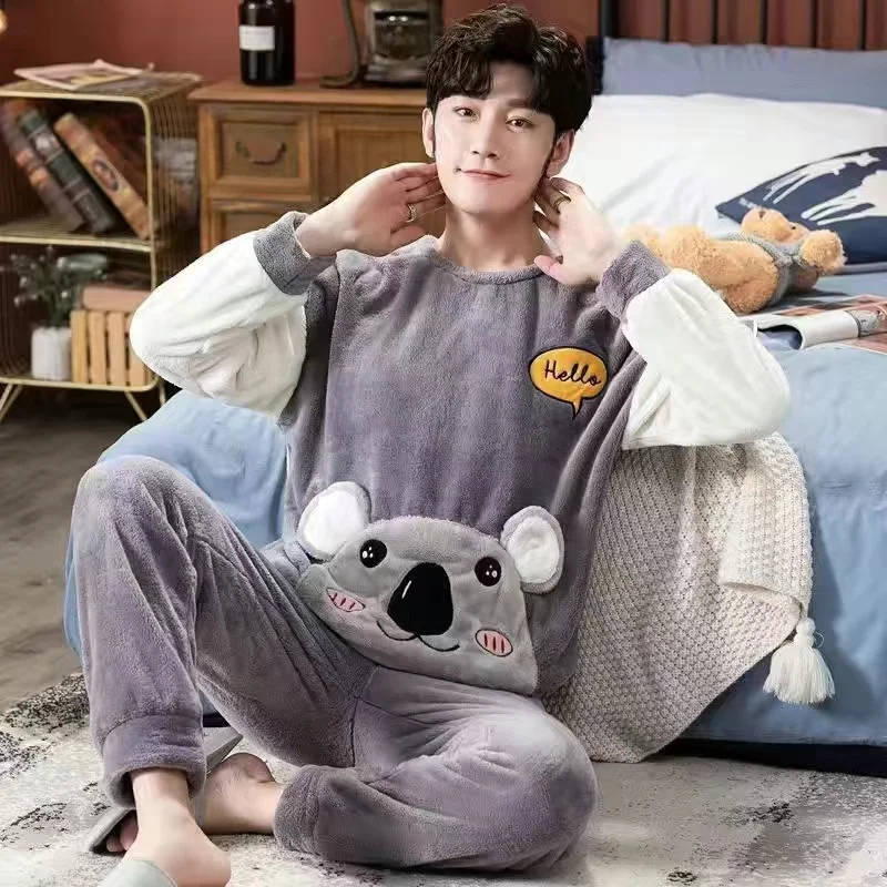 Cartoon Penguin Vintage Design Pajamas for Men Korean Kawaii Letter Print Men\'s Pajamas Set New Autumn Winter Warm Sleepwear