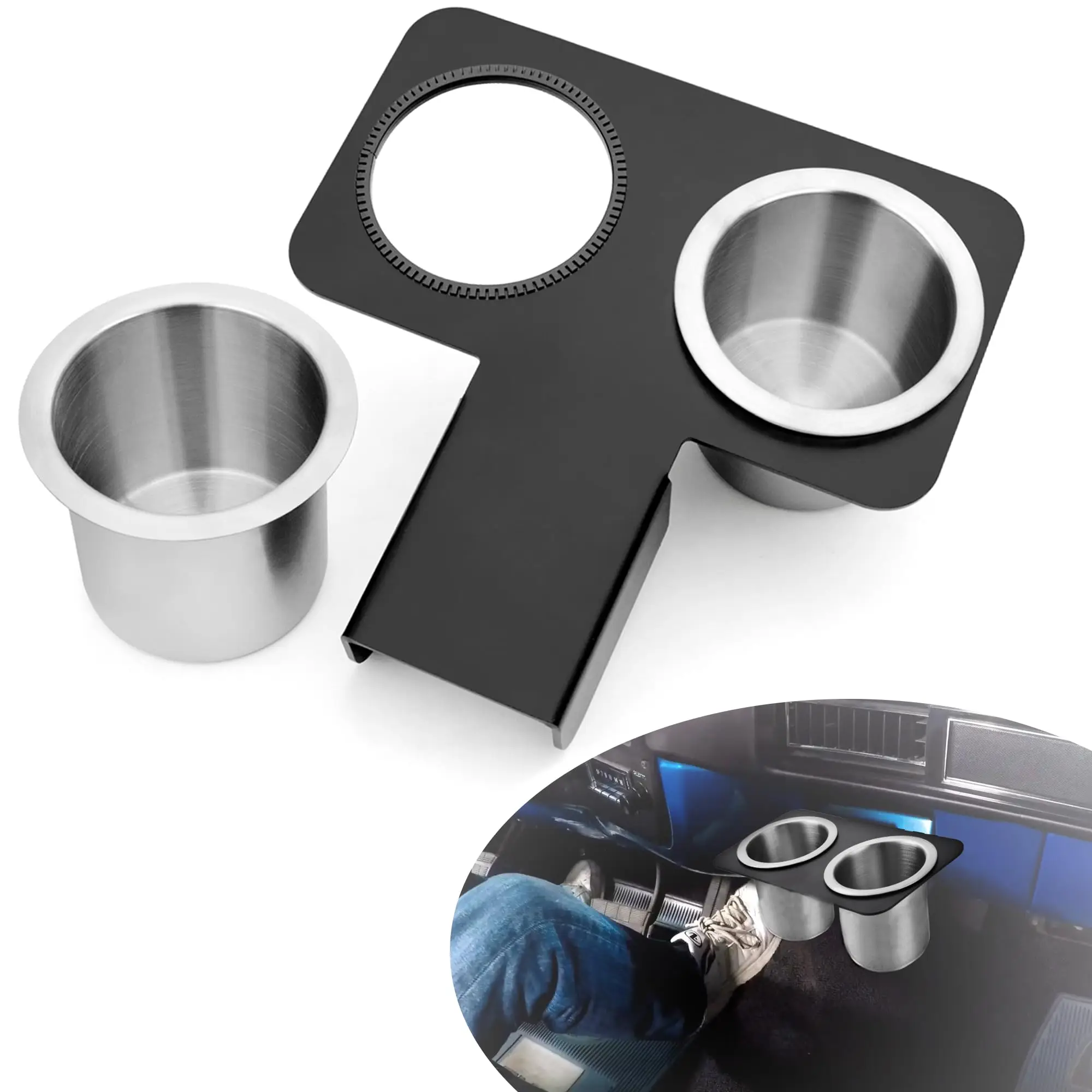 

Detachable Dual Cup Holder For Truck Car Center Console, Aluminum And Stainless Steel, Black, Fits 1973-1987 1991 C/K Series