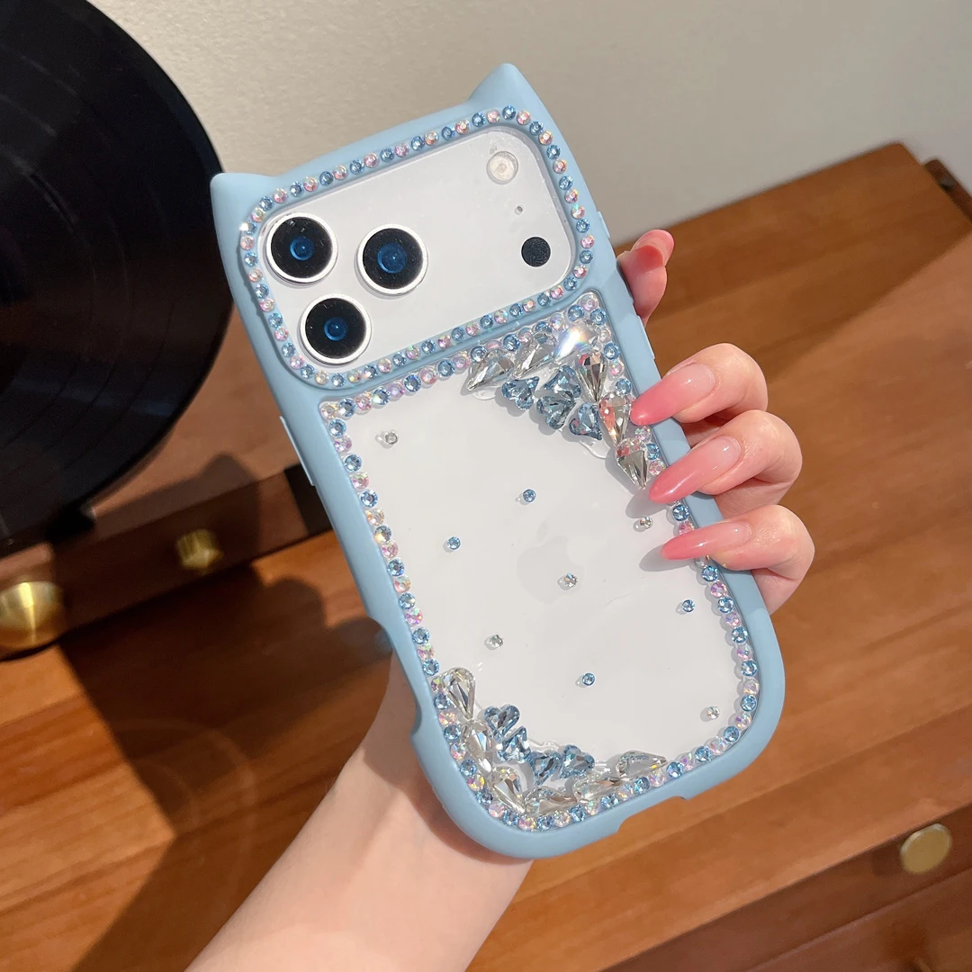 

Sparkling Premium 3D Diamond Anti -Drop Glitter Case For iPhone 14 15 16 17 Pro Max Plus Shockproof Cute Cat's Ears Phone Cover