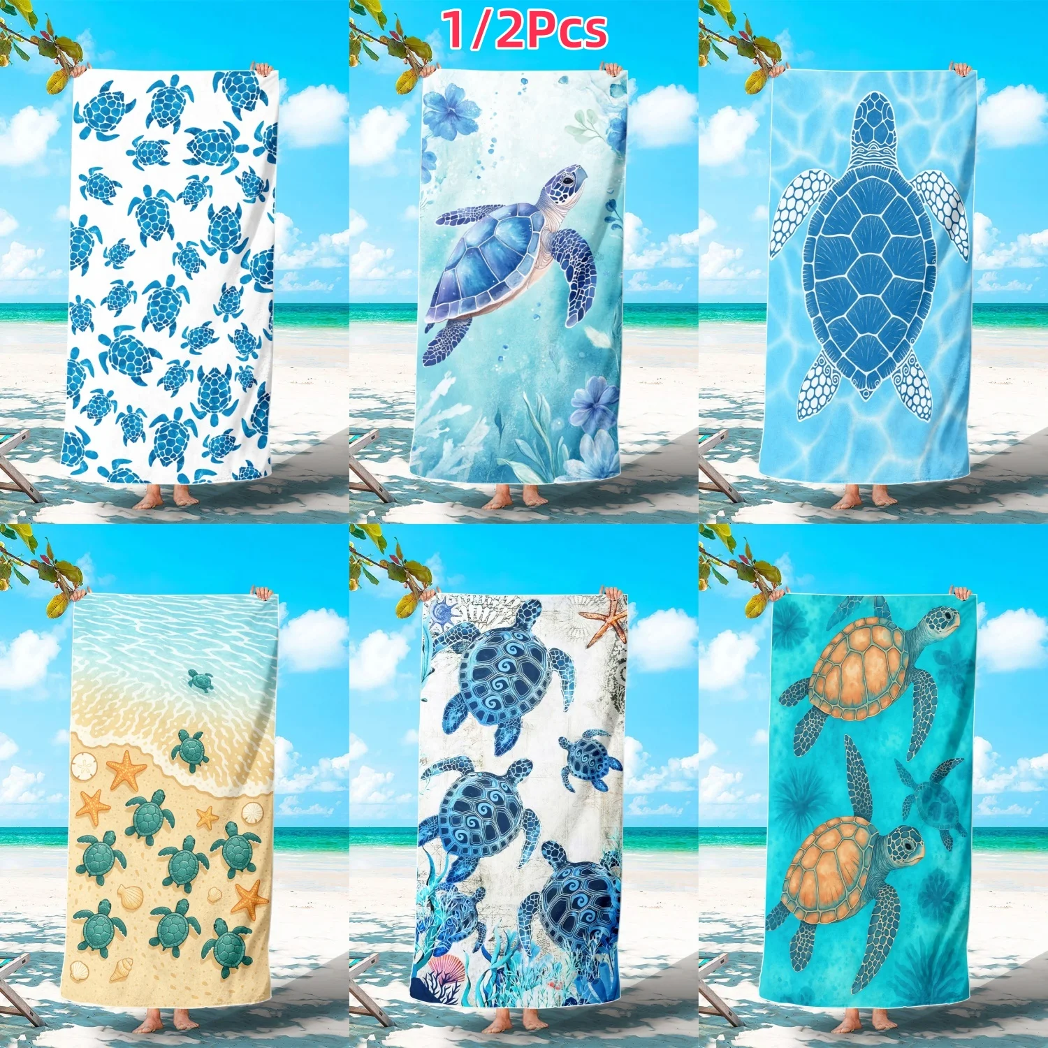 

1/2Pcs Large White Base Blue Turtle Print Beach Towel, Marine Life Print Towel,Swimming Absorbent Quick-Drying Bath Towel.