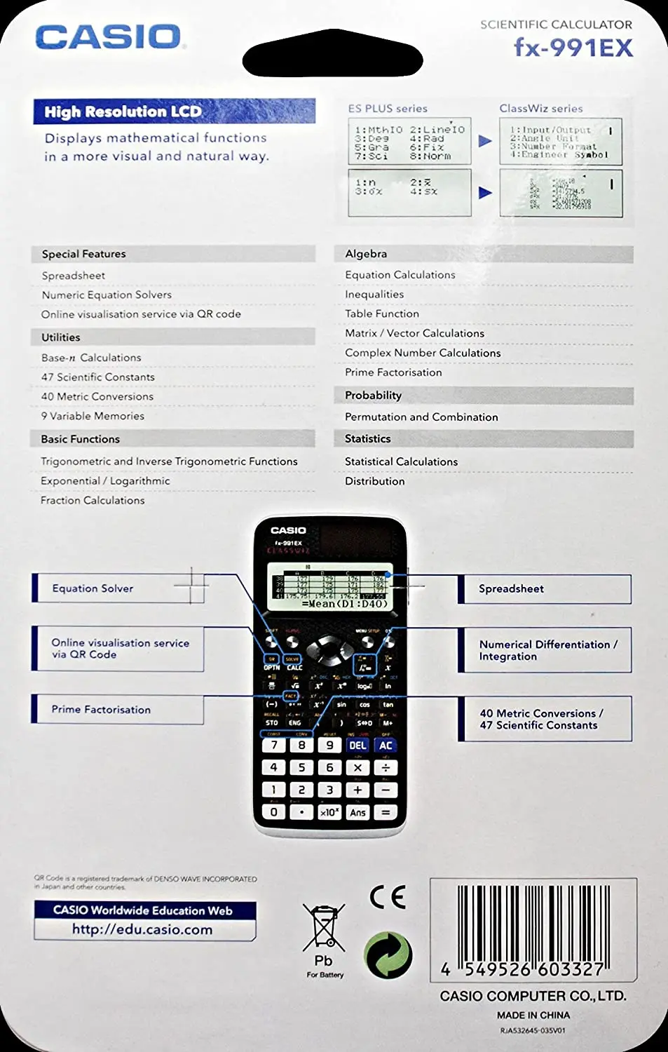 Original CASIO FX-991EX Advanced Scientific Calculator 552 Functions Engineering Students High School Lab Office Solar - Battery