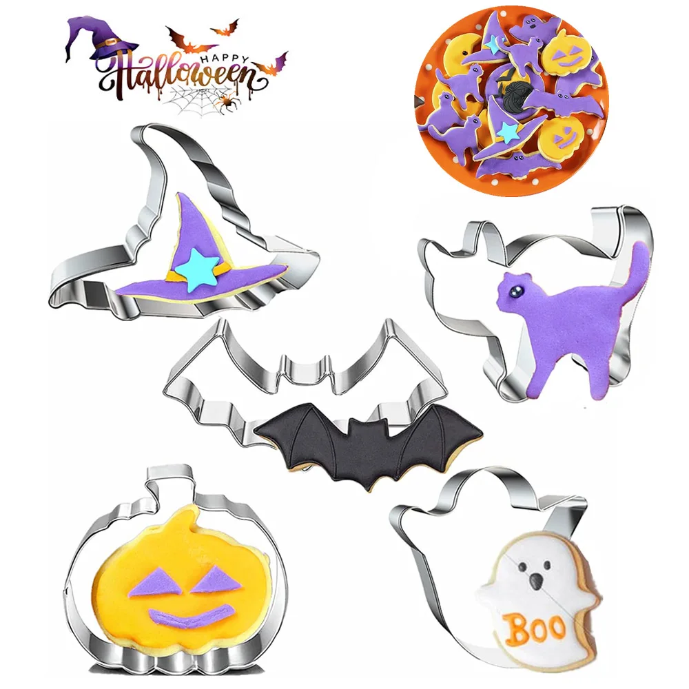 Stainless Steel Halloween Cookie Cutters Set Cartoon Cookie Molds Bat Pumpkin Ghost Biscuit Chocolate Pastry Kitchen Baking Tool