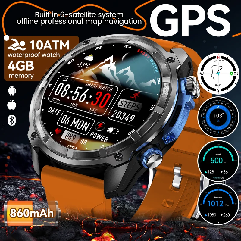 

New Men Outdoor Built-in GPS Map Smartwatches Altimeter Compass 4GB Memory HD Bluetooth Call 10ATM Waterproof Sports Smart Watch