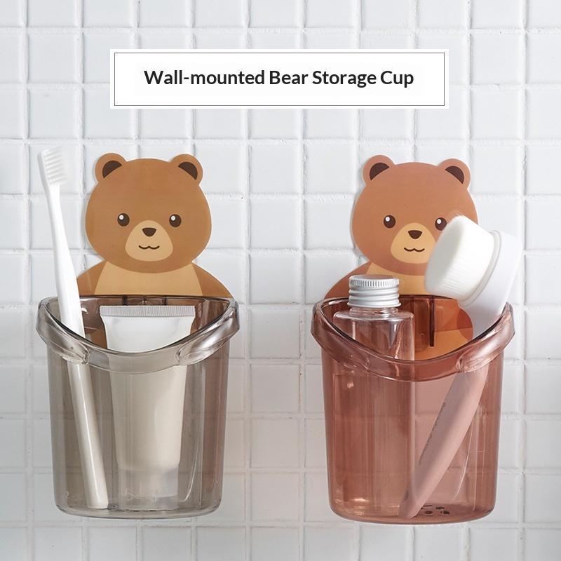  【xxx】Household Bear Hug Toothbrush Cup Toothpaste Storage Rack Non-punching Wall-mounted Drain Bear Storage Cup Organizer[S14] 
