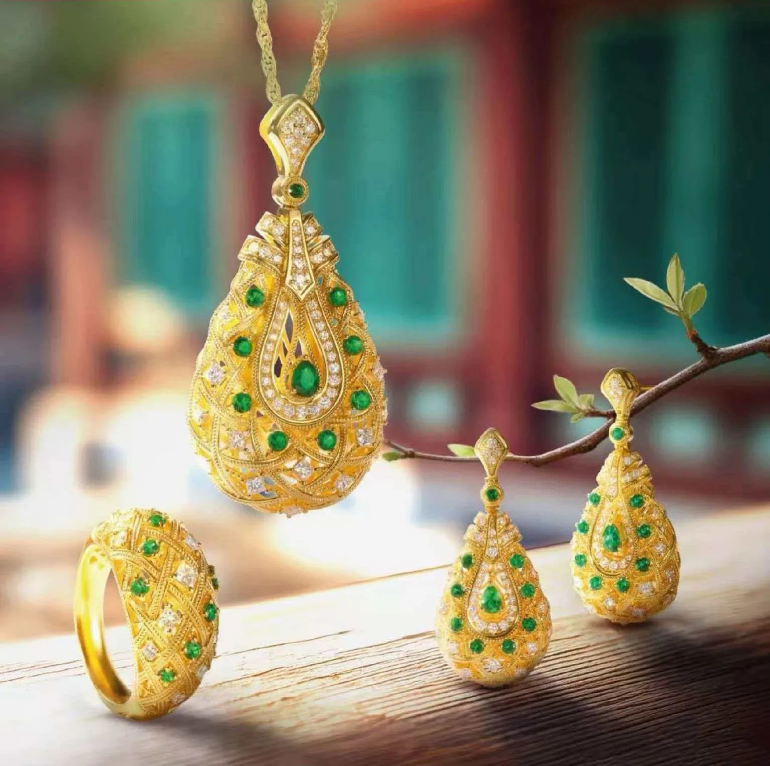 Filigree Green Diamond Set Necklace Ring Earrings Women 24K AU999 - Luxury Green Diamond Sparkle, Eye-catching Radiance