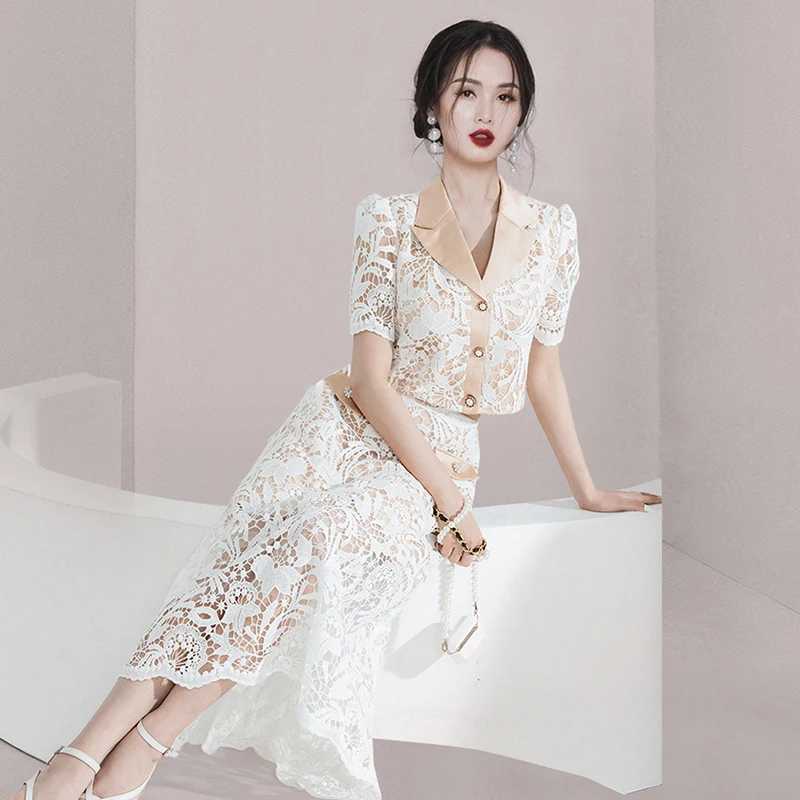 

Summer 2025 High Waist Lace Water Fusion Flower Half Skirt Set with Suit Collar Top And Skirt Large Swing Fashion Set