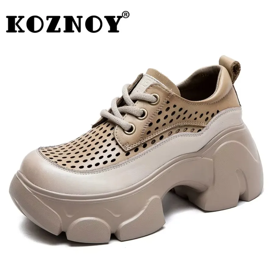 

Koznoy 6.5cm Genuine Leather Heels Pumps Pils Mules Luxury New in Women Boots Platform Summer Autumn Mixed Color Hollow Shoes