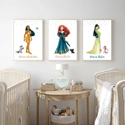 MINISO Disney Princess Prints Poster Mulan Pocahontas Merida Canvas Poster Prints Princess Wall Art For Girls Room Home Decor