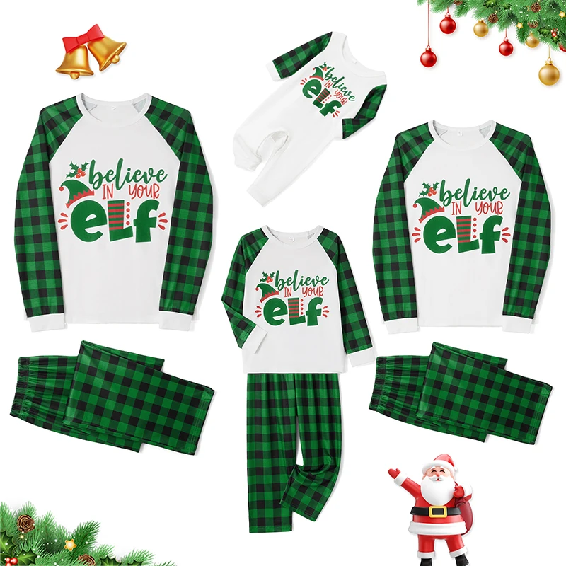 2025 New Christmas Family Matching Pajamas Baby Romper/Letter Print Long Sleeve Tops and Plaid Pants Sleepwear Set