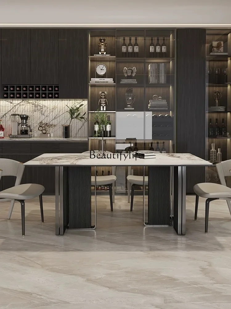 Italian light luxury rock slab dining table modern simple household rectangular stainless steel high-end dining table