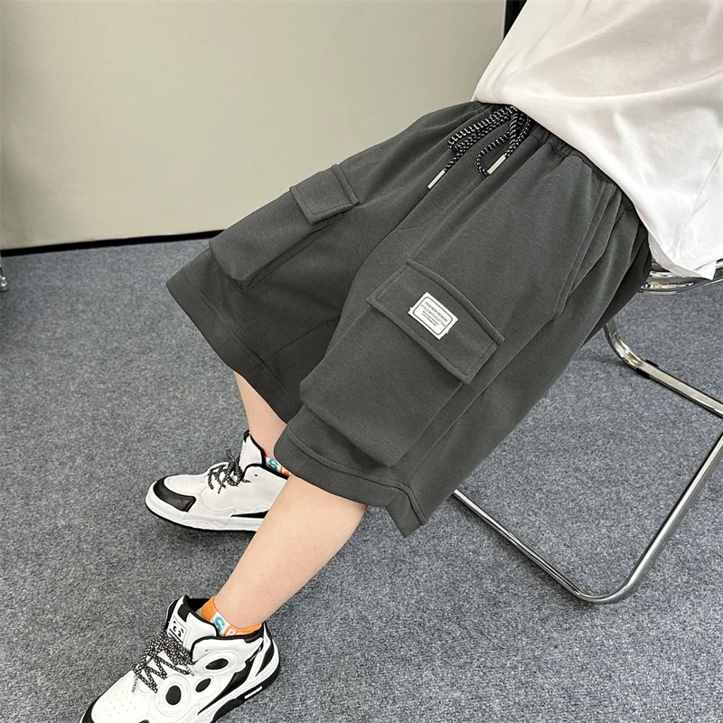 New Casual Kids Child Summer Cotton Shorts with Drawstring for Teenage Boy Solid Color Knee Length Cargo Shorts with Pocket 5-14
