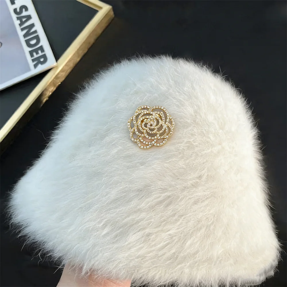

Women's Luxury Faux Rabbit Fur Bucket Hat Elegant Gold Camellia Decor Winter Warm Fluffy Fisherman Cap