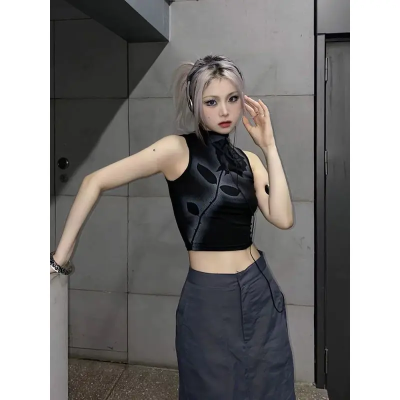 American Dark Rose Printed Women 2026 New Outerwear Basic High Collar Bottom Sleeveless Short Top