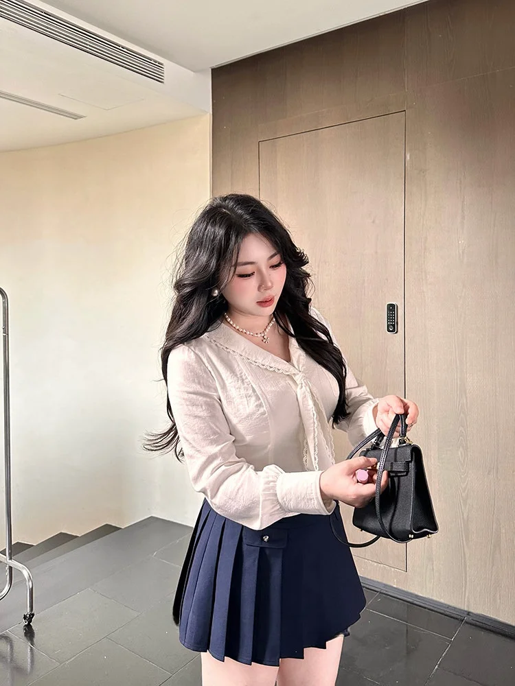 

Юбка-плиссе большого размера с высокой талией для женщин, синяя, стройнящая, весенняя новинка, для офиса, с отворотом, А-силуэт