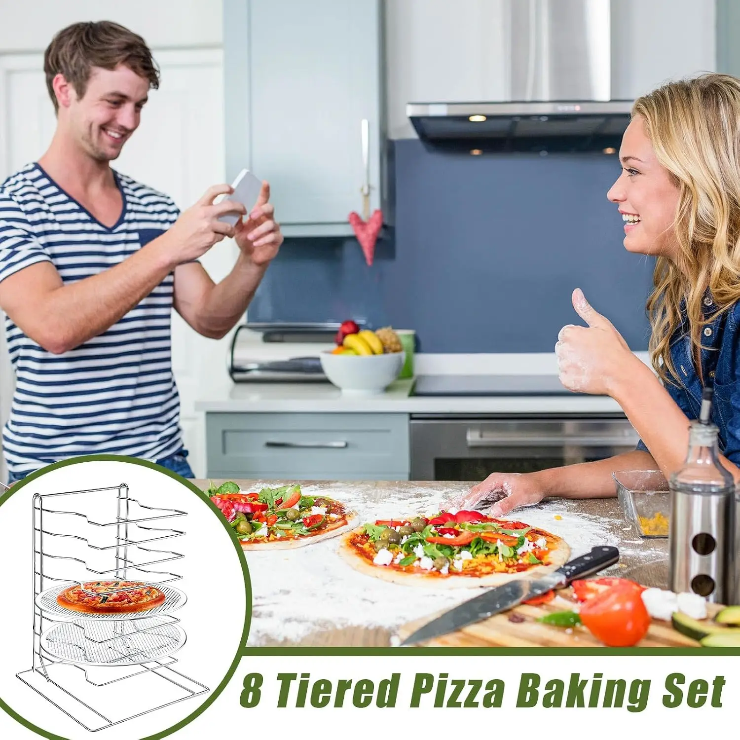Pizza Rack 8 Tiered Stand With 8 Aluminum Baking Pans With Holes Commercial Pizza Display Shelf Countertop Cooling Rack Set For Home Restaurant Kitchen 12 Inch view 6