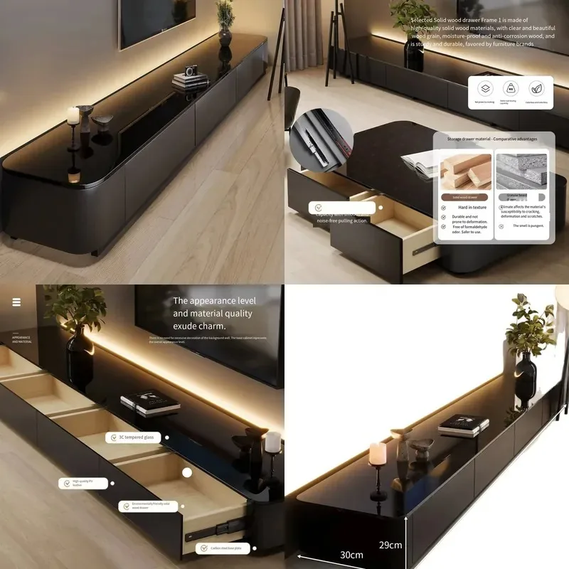 Black Modern Wooden TV Cabinet Floor to Ceiling Narrow Design for Small Apartment Living Room High End Storage Unit