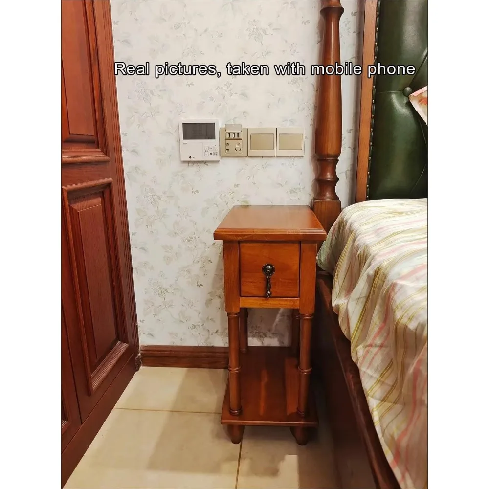 Comodino compatto a due livelli in legno massello con cassetto e ripiano per uso sul comodino