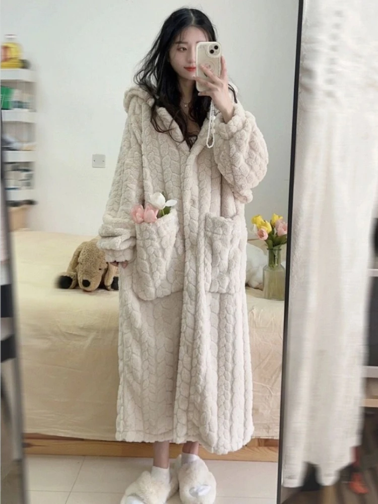 Hooded Robes Women Pockets Solid Leisure Special Cute Warm Winter Nightwear Soft Korean Style Design Ladies Vintage Age-reducing