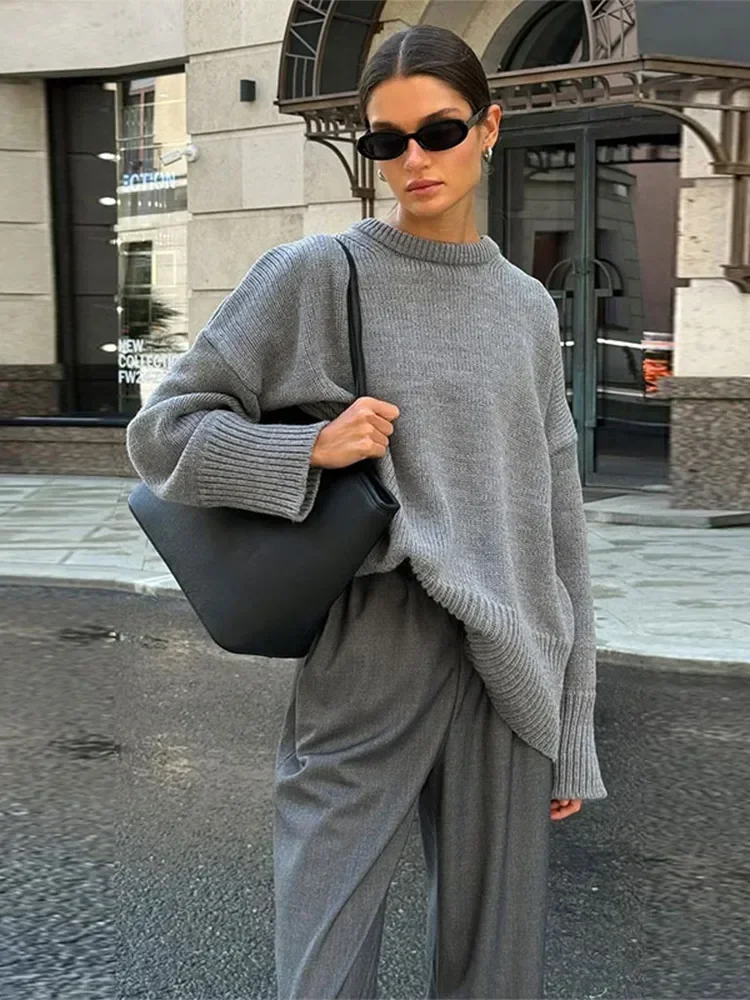 2024 Winter Oversize Grey Sweater Tops For Women Vintage Solid O-neck Long Sleeve Knitted Pullover Autumn New Lady Basic Jumper