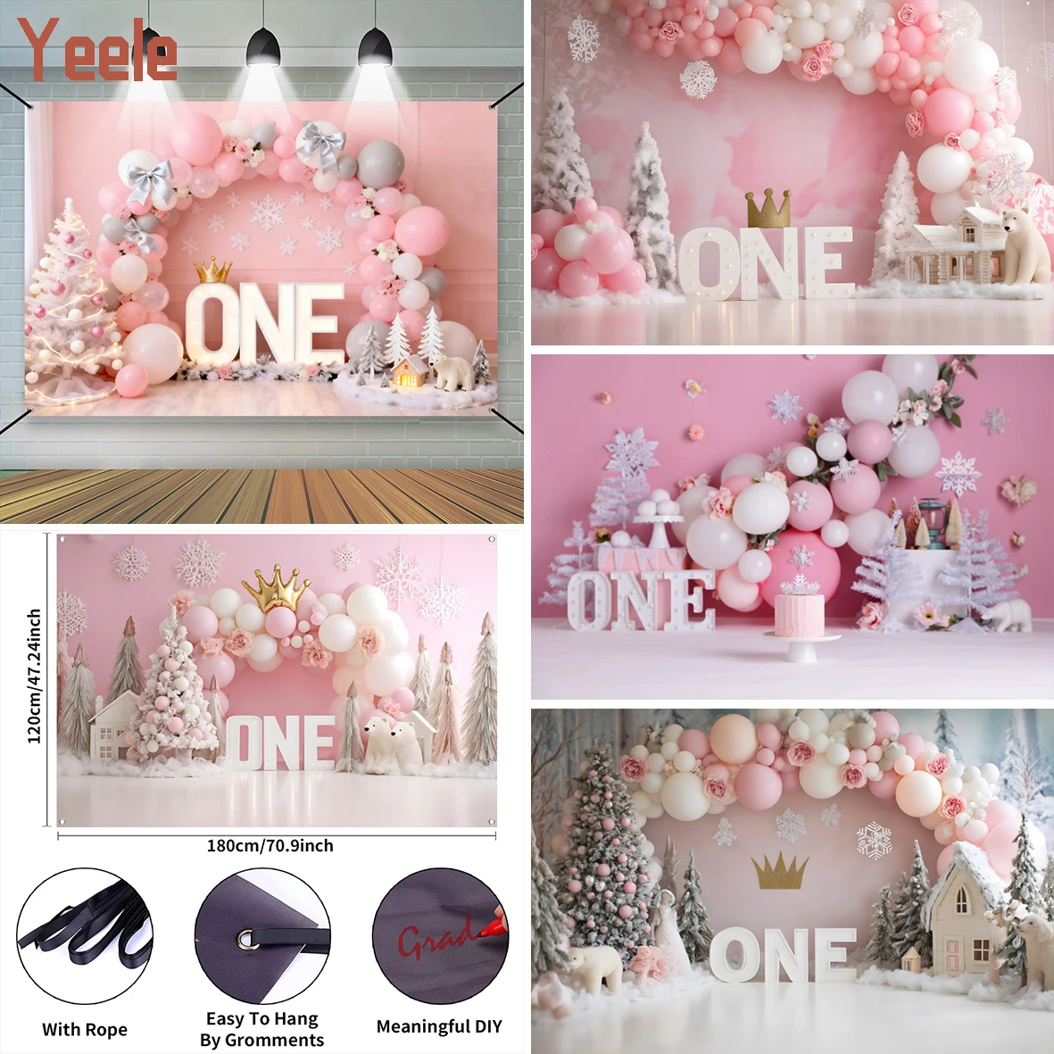 

Baby Girl ONE Birthday Photography Background Winter Christmas Snowflake Pattern XMAS Tree Bears Indoor Portrait Photo Backdrops