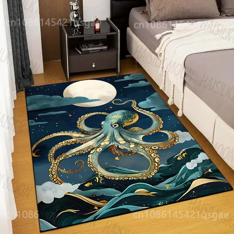 Multiple sizes Octopus swimming under moon Carpet for Living Room Bedroom Sofa Home Decor Rug Non-slip Floor Mat Luxury Gift