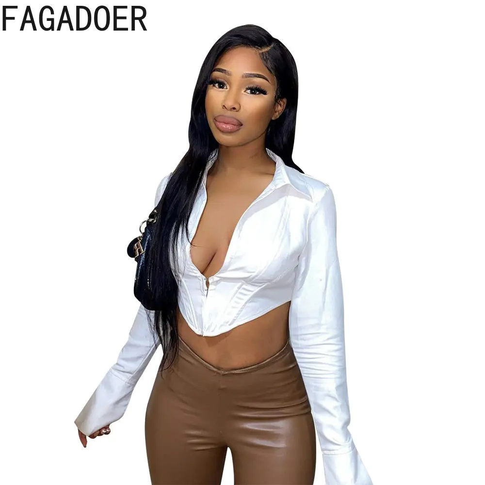FAGADOER Sexy Deep V Harajuku White Shirts Slim Long Sleeve Crop Top Fashion Y2K Corset Short Tops Women Solid Color Streetwear