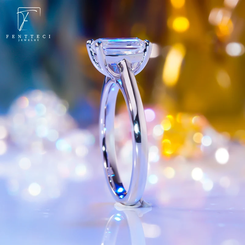 FENTTECI 2 Carat Ring S925 Sterling Silver with Platinum Plated Emerald Moissanite Diamond Ring for Women Fine Jewelry Wedding