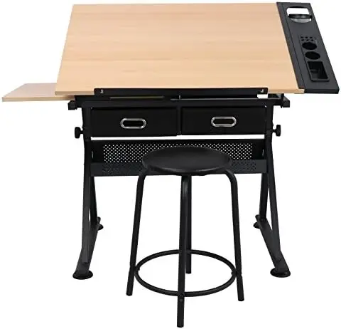 Adjustable Height Drafting Desk Drawing Table Tiltable Tabletop for Reading, Writing Art Craft w/Stool and Drawers view 3