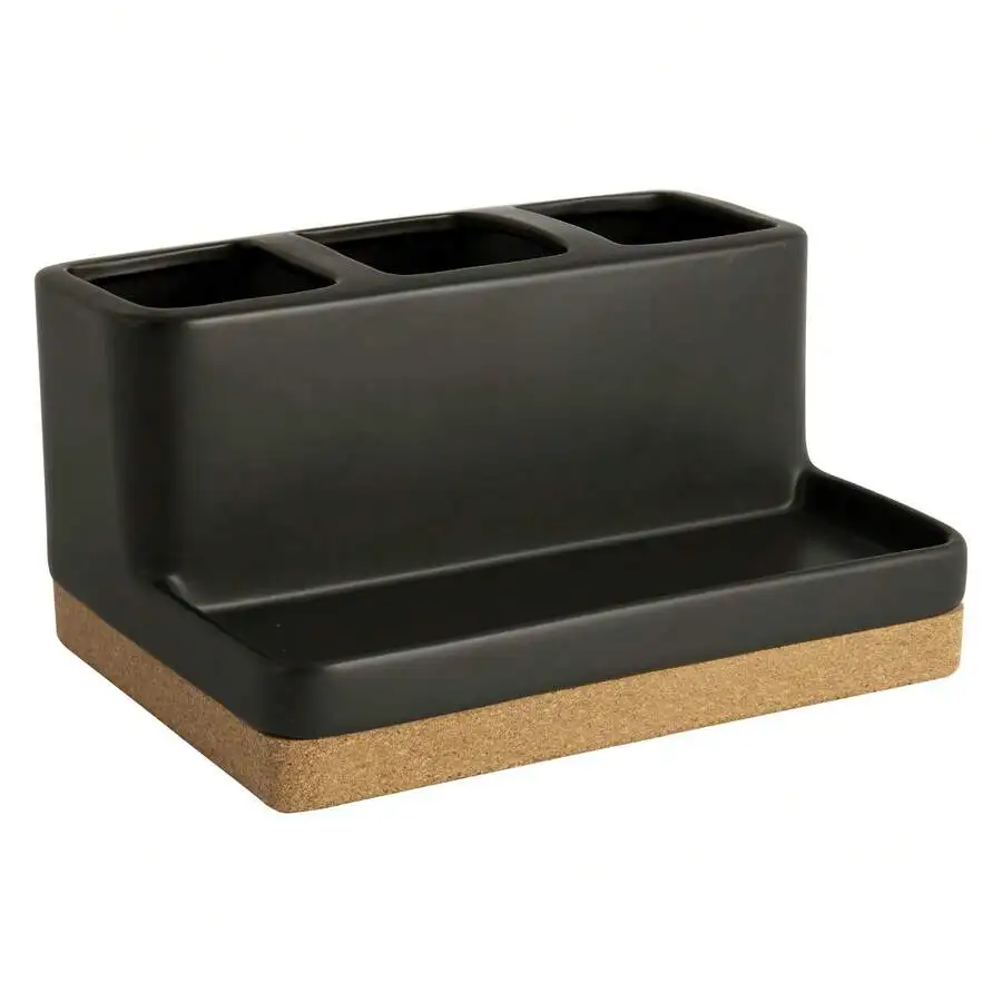 

Matte Black Cork Vanity Organizer With 3 Compartments And Tray Ceramic Storage Caddy For Bathroom Office