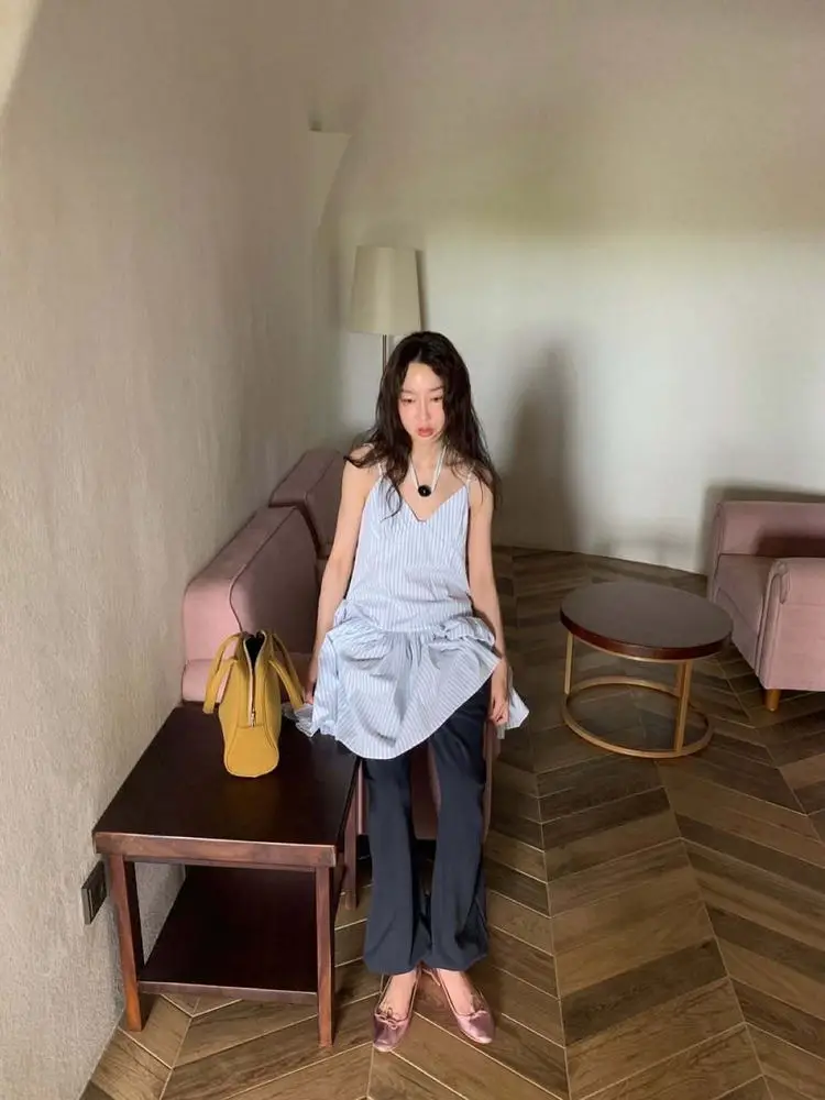  Sle Vintage Gentle Stripe V-Ne Puffy Skirt ter Dr Women Summer Casual High Waist A-Line Gown Single Piece