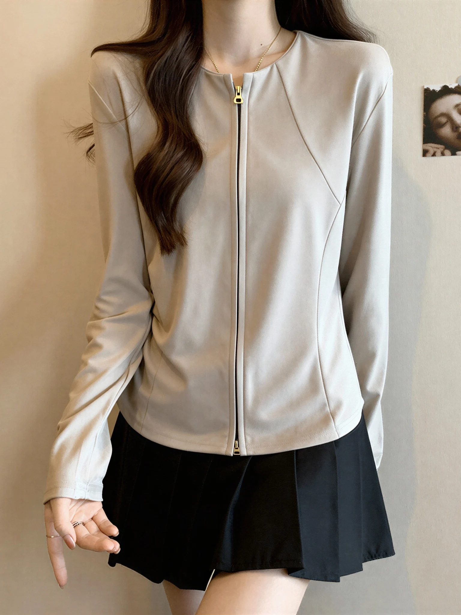 

Женский топ с эффектом похудения, асимметричный крой, двойная молния, удлиненный рукав, весенний, больших размеров, модный базовый элемент повседневной одежды