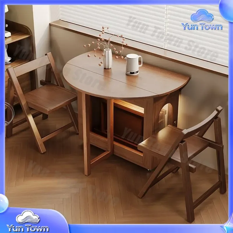 Solid Wood Folding Round Table for Small Apartment Dining Table Household Eating Table Movable Multifunctional Space Saving