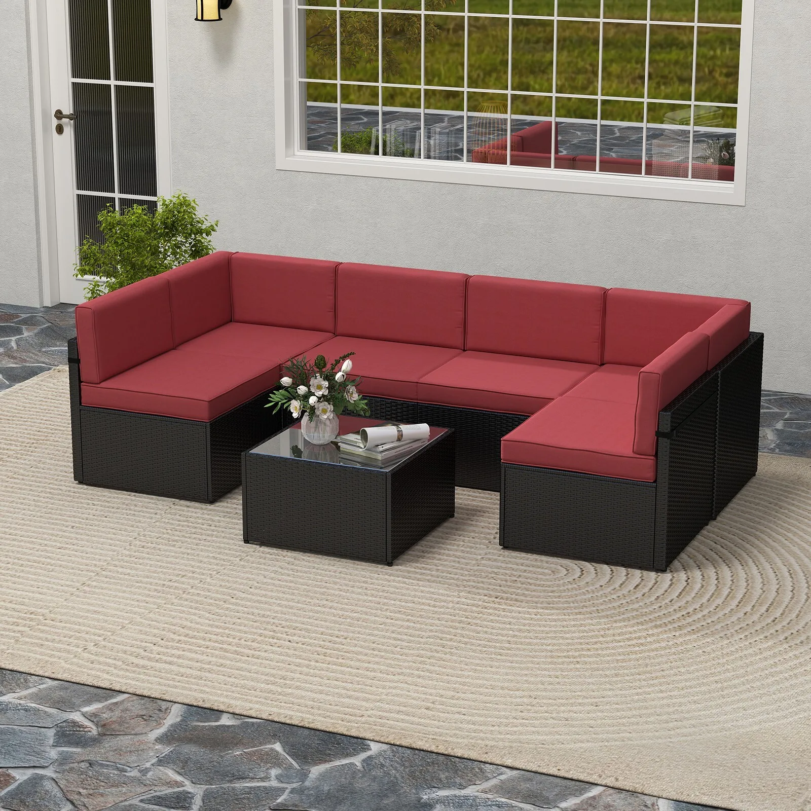 

7Pcs Outdoor Patio Furniture Sets PE Wicker Sectional Sofa Set, Black/Burgundy