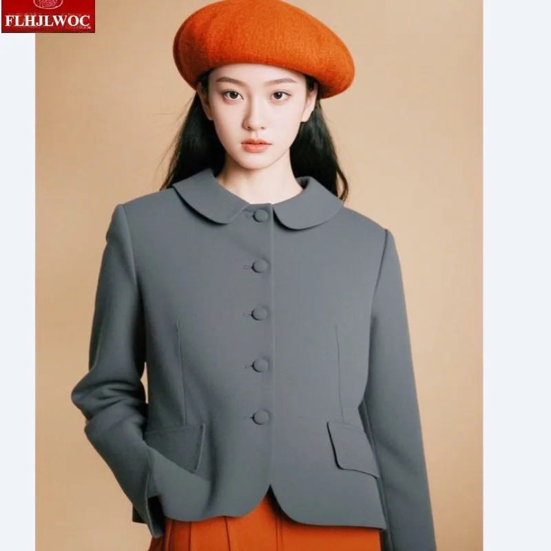 

Blazer Jackets New Fashion 2025 Autumn Cute Sweet Girls Preppy Style Long Sleeve Peter Pan Collar Gray Black Short Jacket Coats