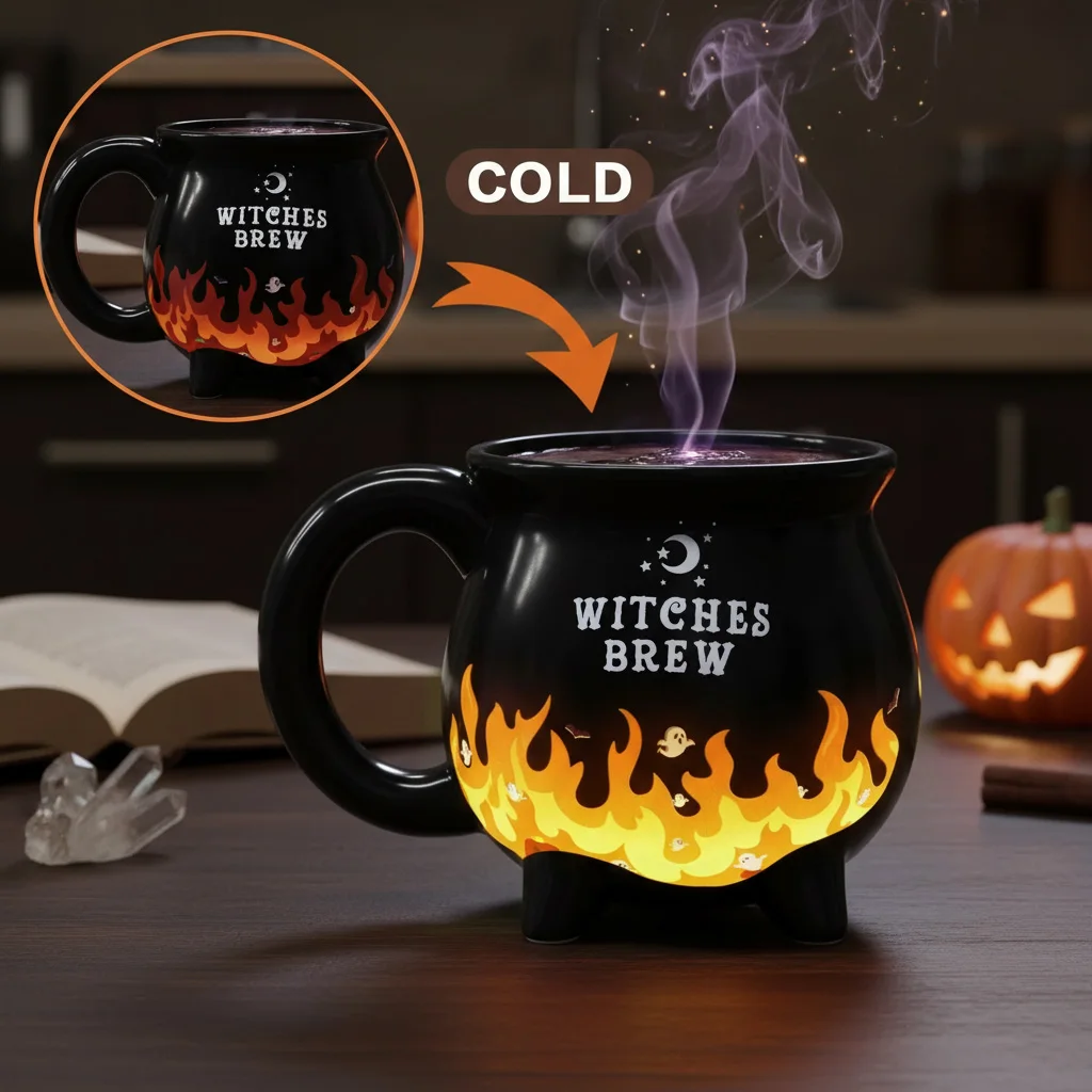 Witches Brew Kesselbecher, magische Hitze, Farbwechsel, Keramik, Kaffee- und Teetasse, 300 ml, Halloween-Neuheitsgeschenk für Hexe