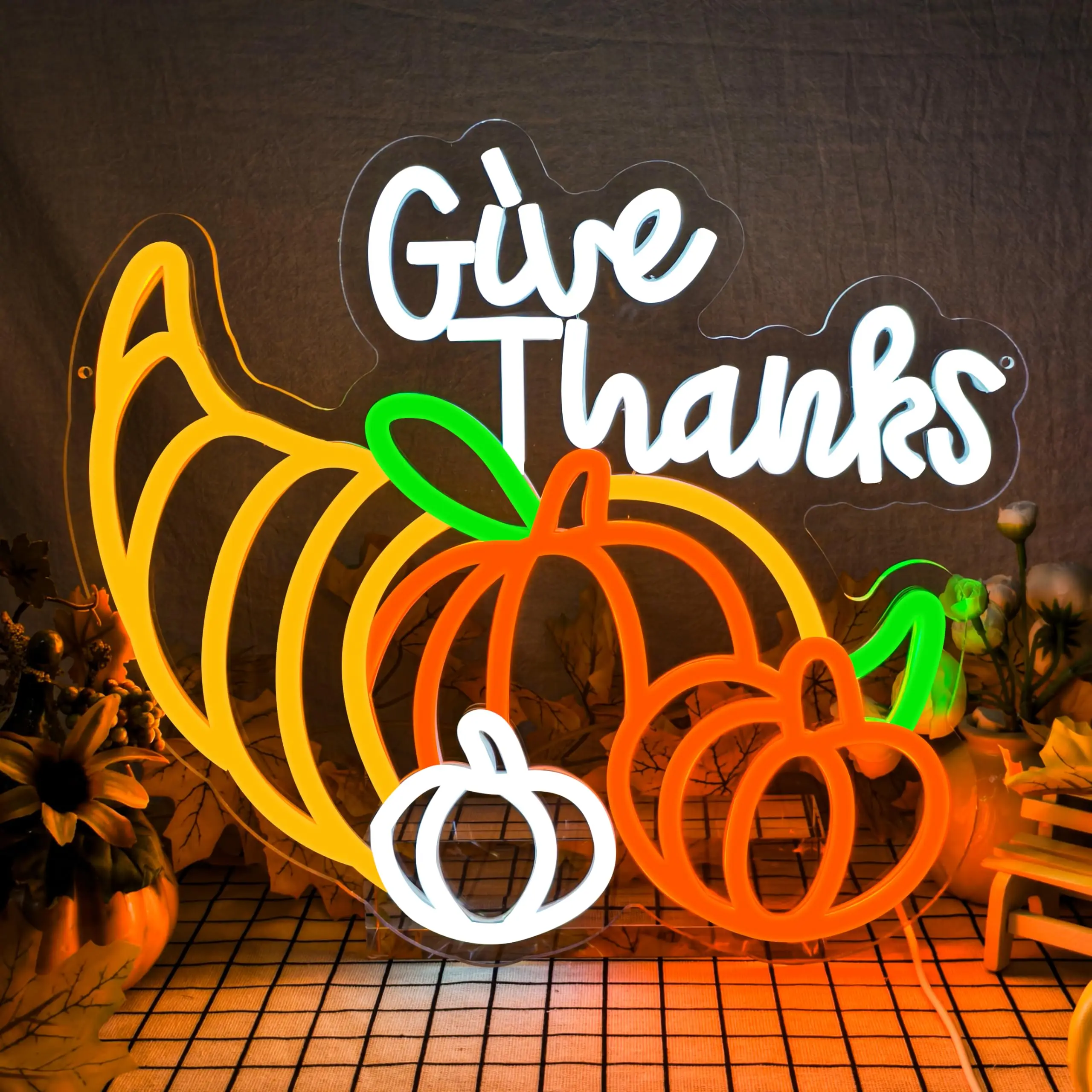 

Pumpkin Thanksgiving LED Neon Sign for Wall Decor Thanksgiving Decoration Give Thanks Dimmable Light USB Autumn Harvest Gift