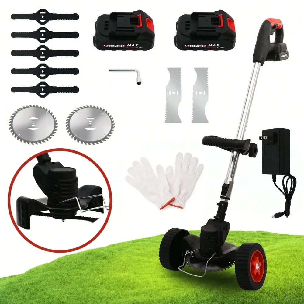 

Wacker Cordless On Wheels, Electric Weeds Eater Battery Powered 21V, With 2 1300MAH Batteries, 1Charger, 9Blades, Heavy Duty Me