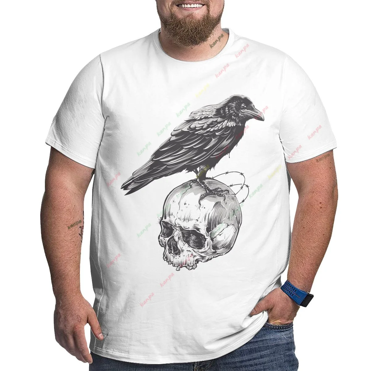 Roomy T-Shirt Men 100% Cotton Plus Size Casual Loose Daily Wear Tee Whhite 5xl big size 6xl Skull Crow Funny