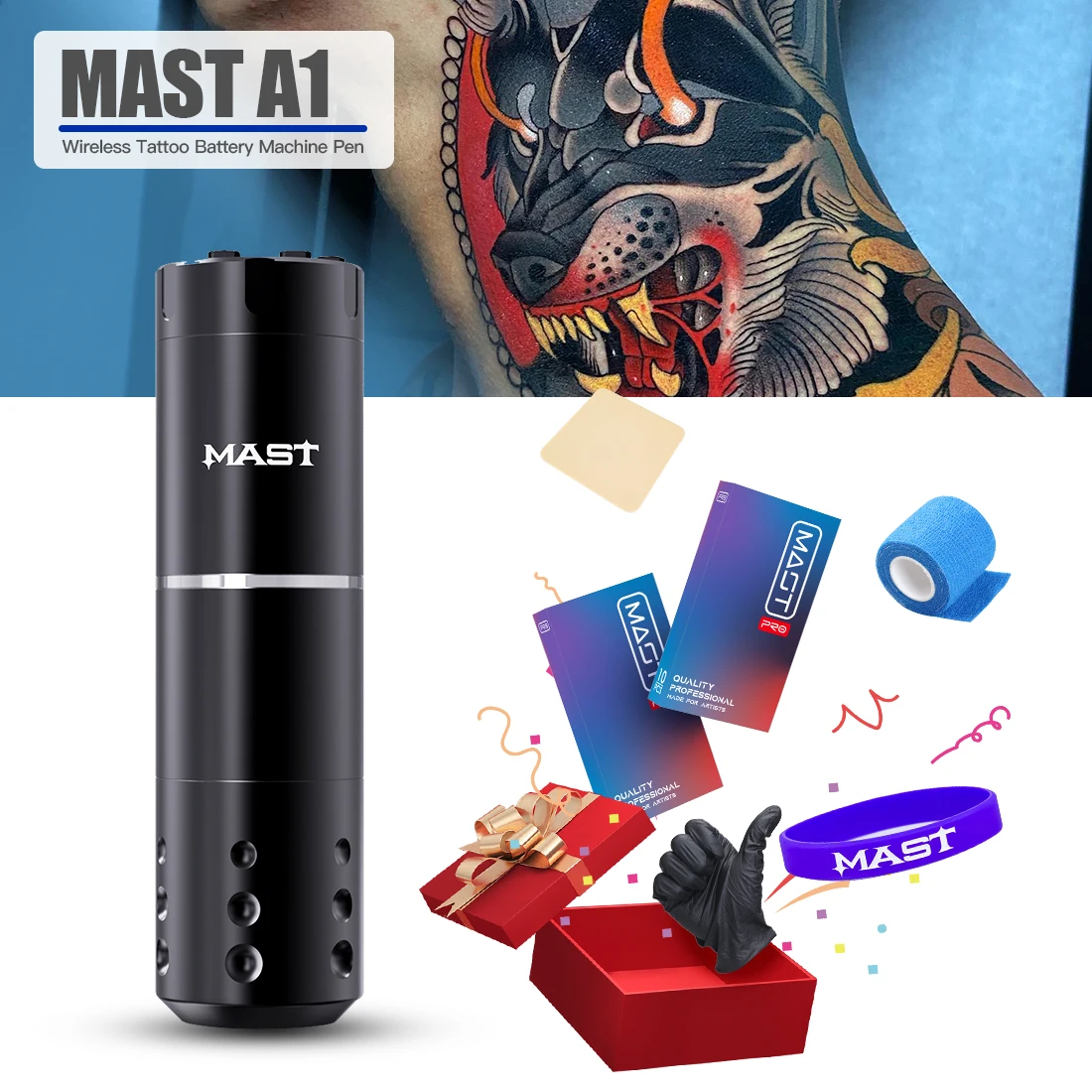 

Tattoo Set MAST A1 Wireless Machine Pen Coreless Motor Wireless Battery Cartridge Needles Digital LED Display for Tattoo Artist