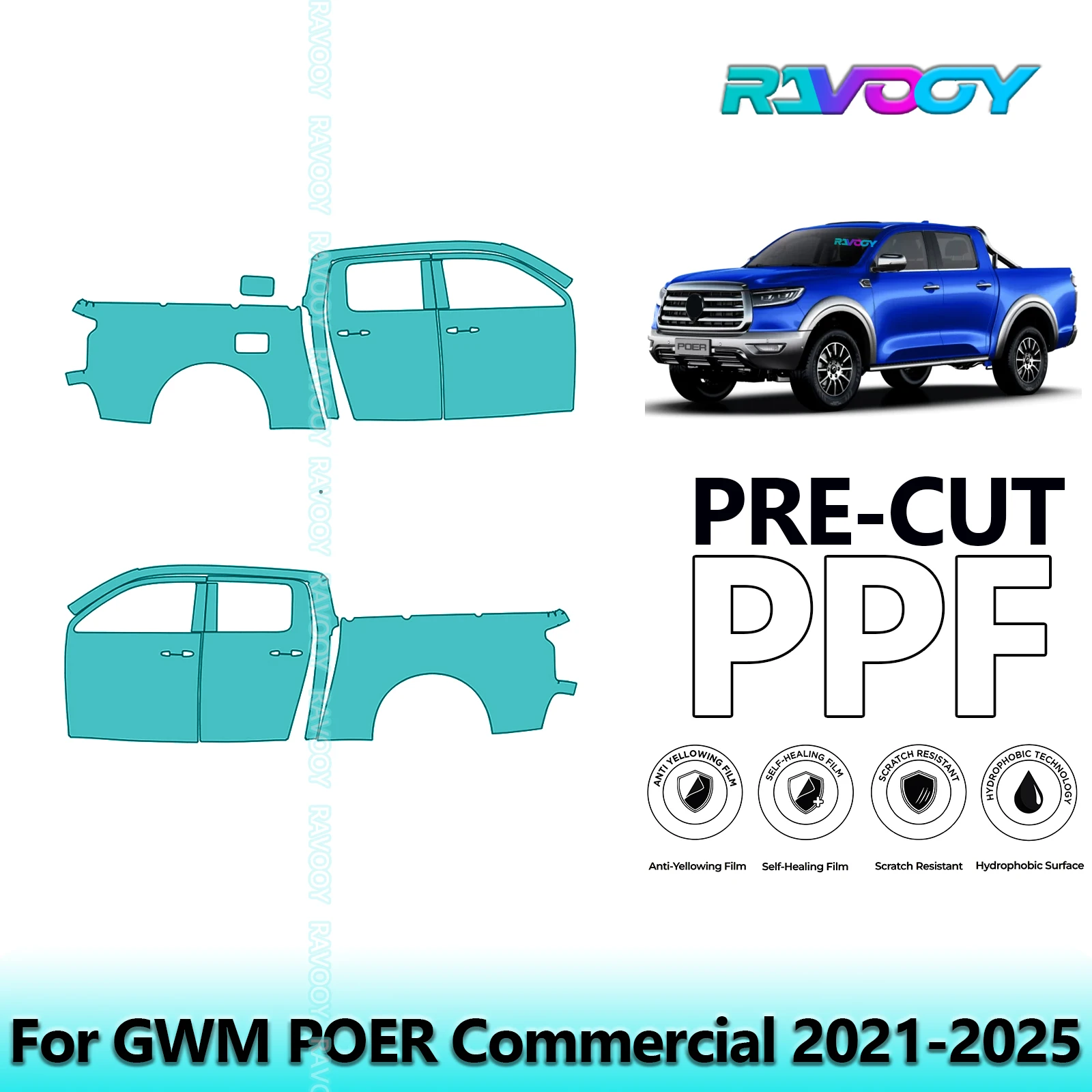 

For GWM POER Commercial 2021-2025 8.5mil Clear Matte Pre-Cut PPF Door & A/B Pillar Kit TPU Paint Protection Film Set