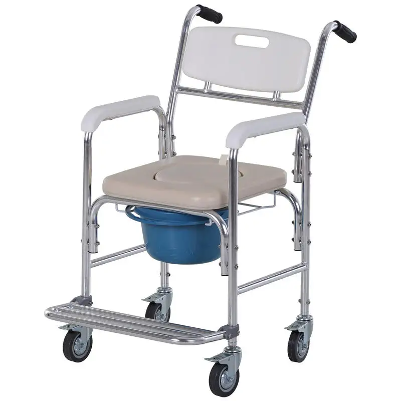 Chaise perforée à roulettes - fauteuil roulant perforé - chaise de douche - assise amovible, accoudoirs, repose-pieds - acier chromé HDPE blanc