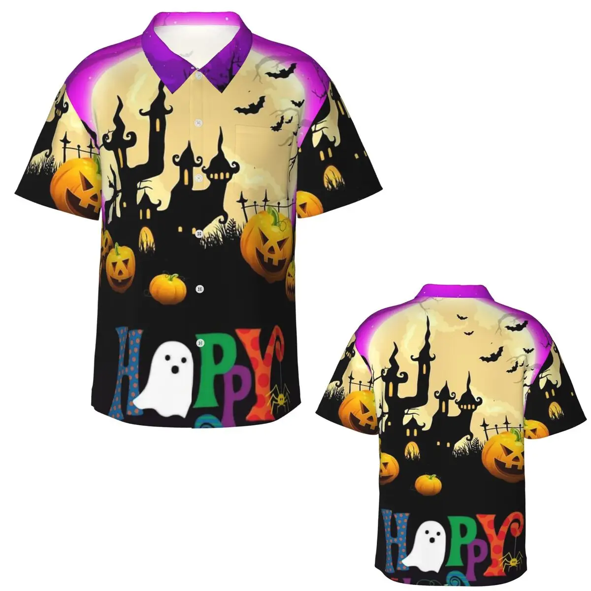Ghost Pumpkin Halloween Hawaiian Shirts Casual Men Short Sleeve Shirt for Summer Beach Men's Button Tops