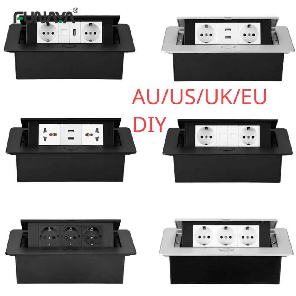 tomada escondida para desktop tomada usb embutida conferencia prateado e preto universal ue eua reino unido fr 110v 220v 118 mm 16a 01