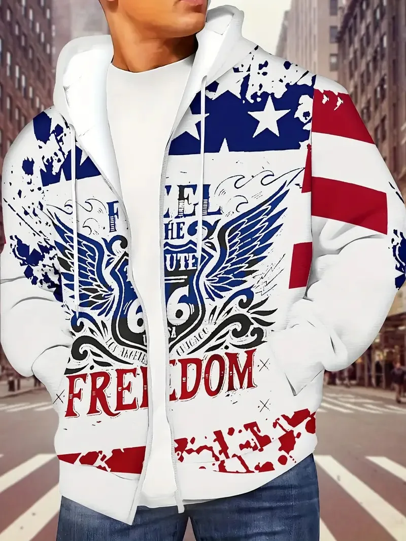 

American flag wing and free print Men's zipper hooded jacket casual outdoor spring and autumn jacket y2k zipper men hooded shirt